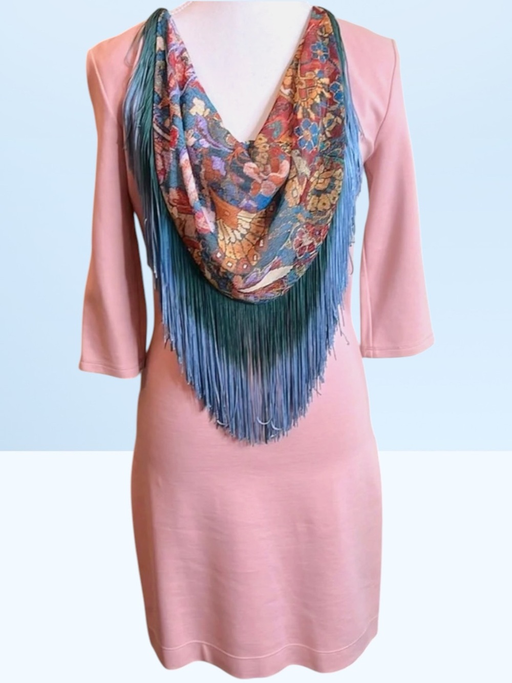 JUST CAVALLI Pink 3/4 Sleeve Dress with Tapestry Print Fringe Scarf — Sz Large